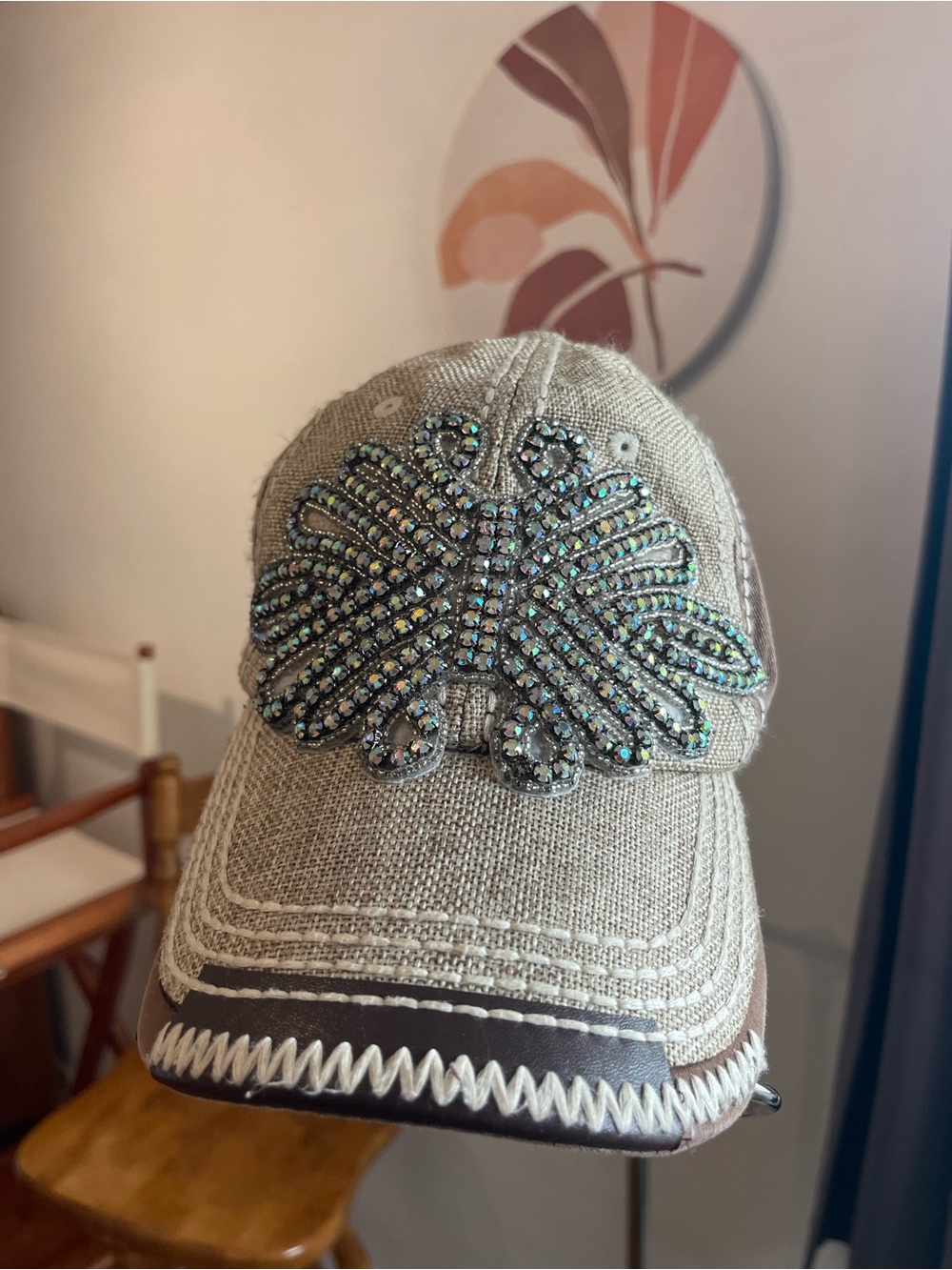Rhinestone Embellished Beige-Tan Women's Baseball Cap